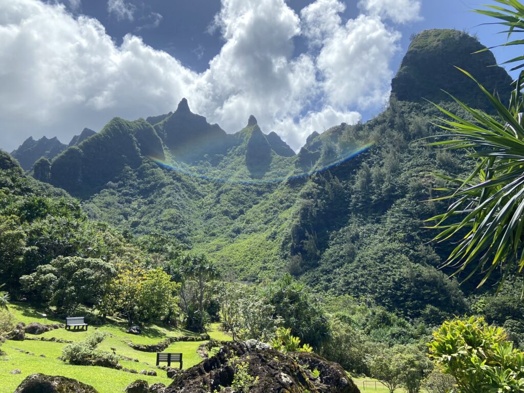View of the mountains behind the Limahuli Gardens in Kauai--one of the highlights of a trip to Kauai.