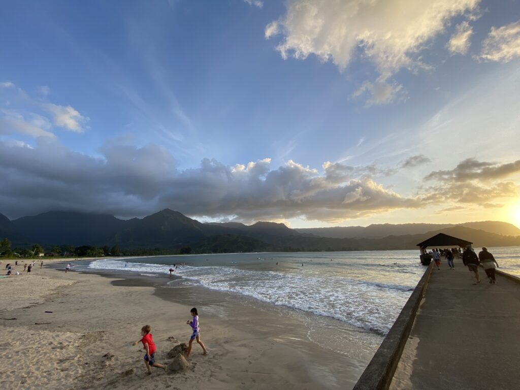 View of Hanalei Bay at sunset.