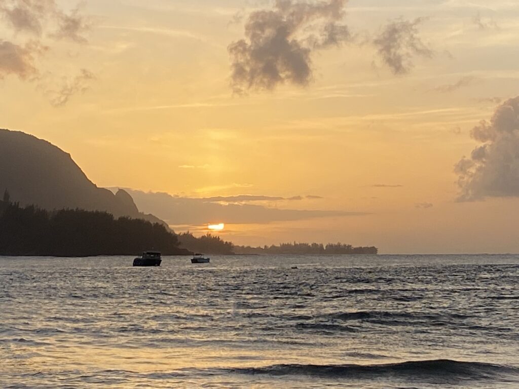 Sunset over the Pacific Ocean at Hanalei Bay