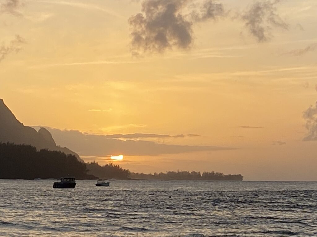 Sunset over the Pacific Ocean from Hanalei Bay on the North Shore of Kauai.