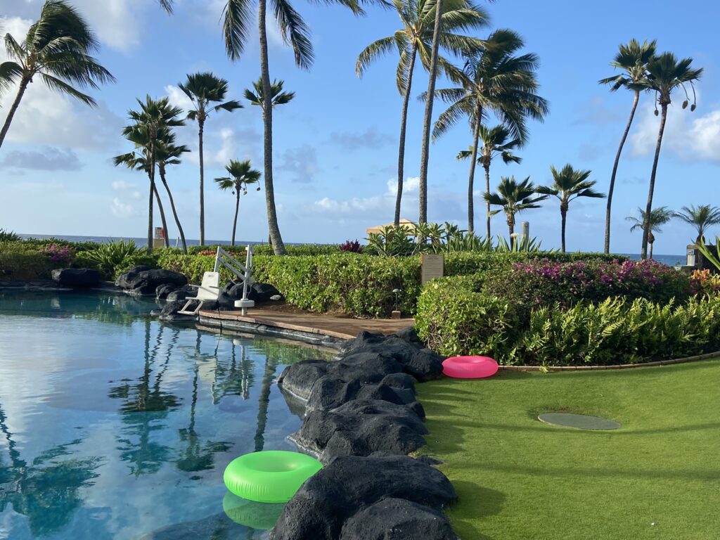 View of a portion of the swimming pool at the Grand Hyatt Kauai Resort & Spa showing palm trees.