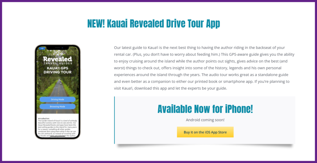 Screen shot of the Kauai Revealed Drive Tour App, the perfect companion for the solo traveler.