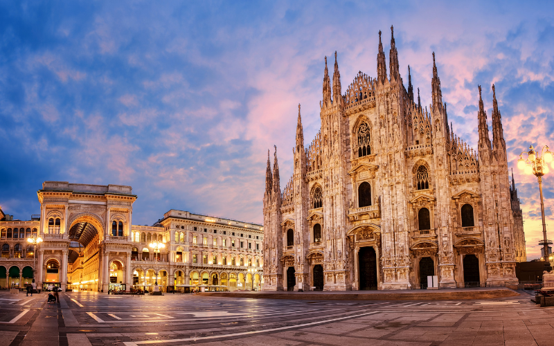 View of Milan Cathedral at sunset; the cathedral is a must-see on a one-week itinerary in northern Italy