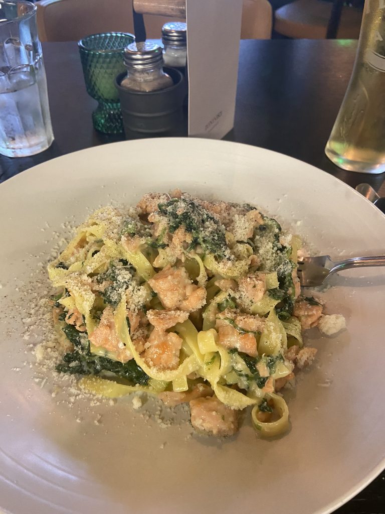 A plate of fettucine with smoked salmon