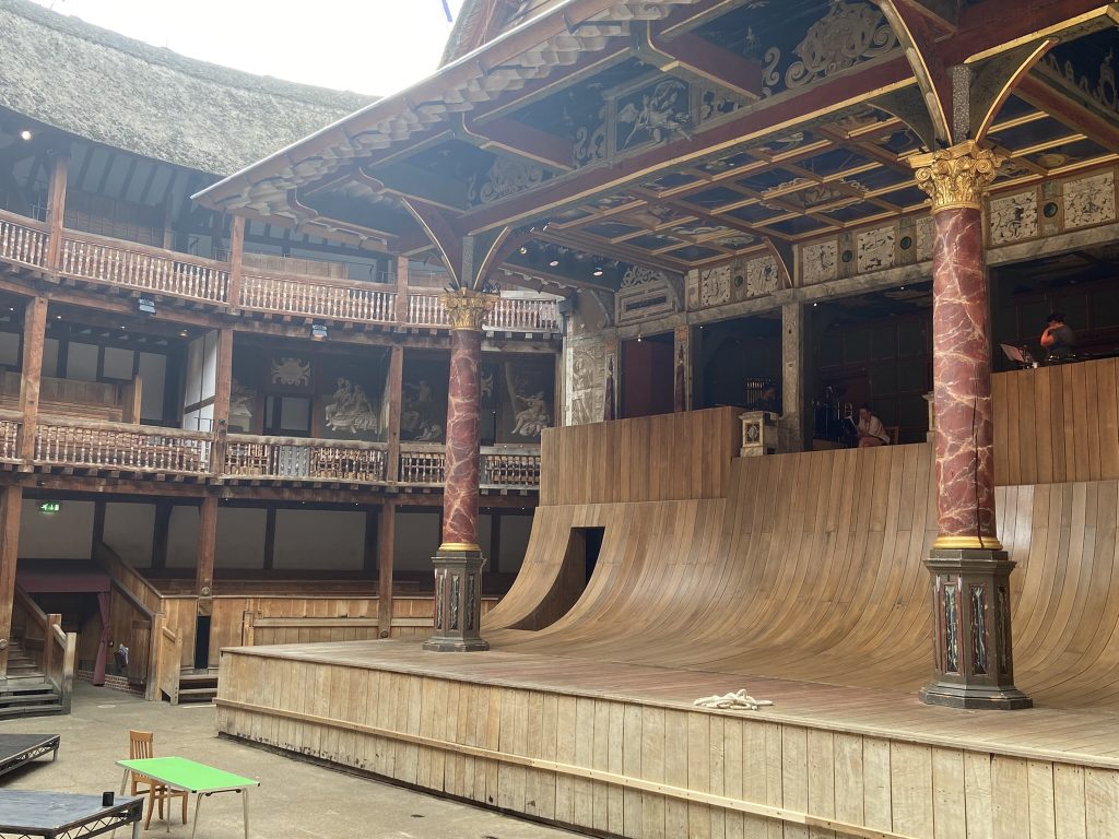 View of the interior and the stage of the Globe Theatre in London