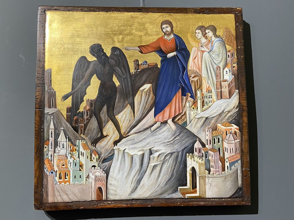 Medieval-style painting of Christ and the devil by Silvia Salvadori