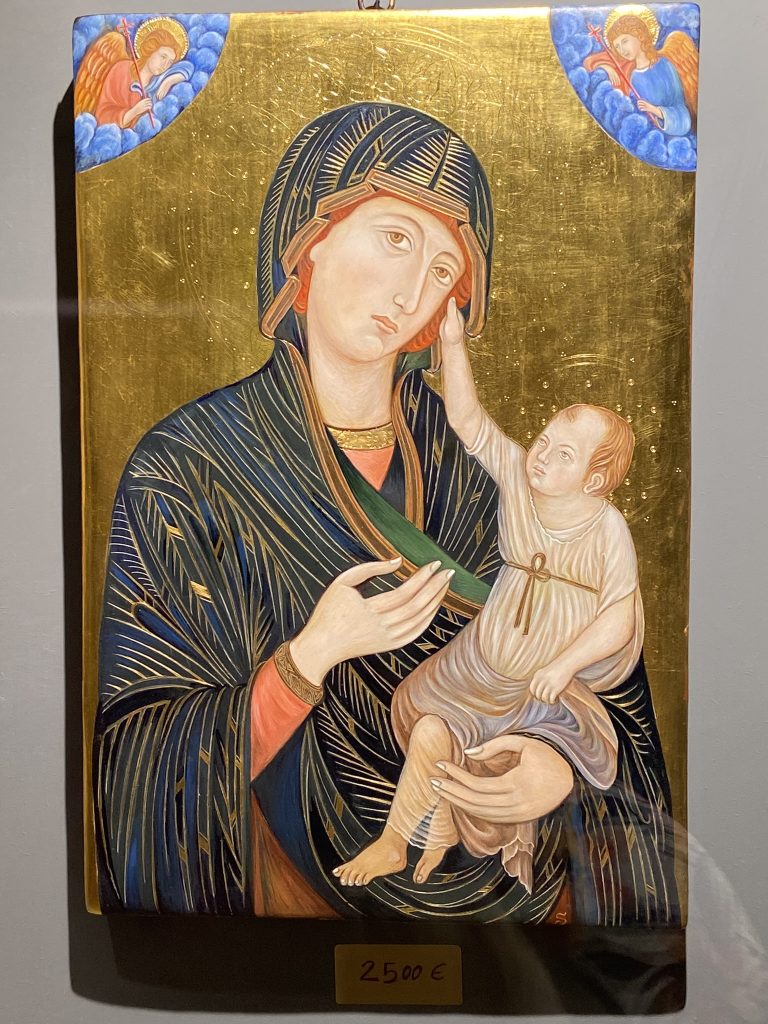A medieval-inspired painting of the Madonna and Child by Silvia Salvadori done in the medieval style