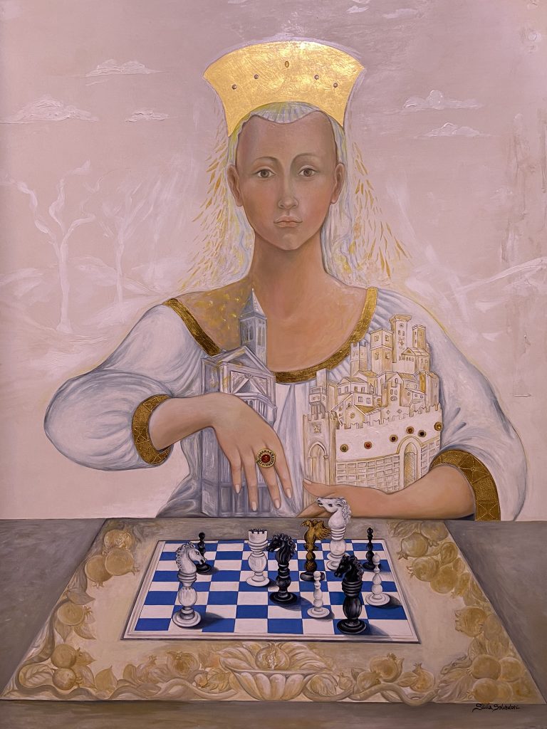 A Window On Time - medieval-style painting of a woman playing chess by Silvia Salvadori