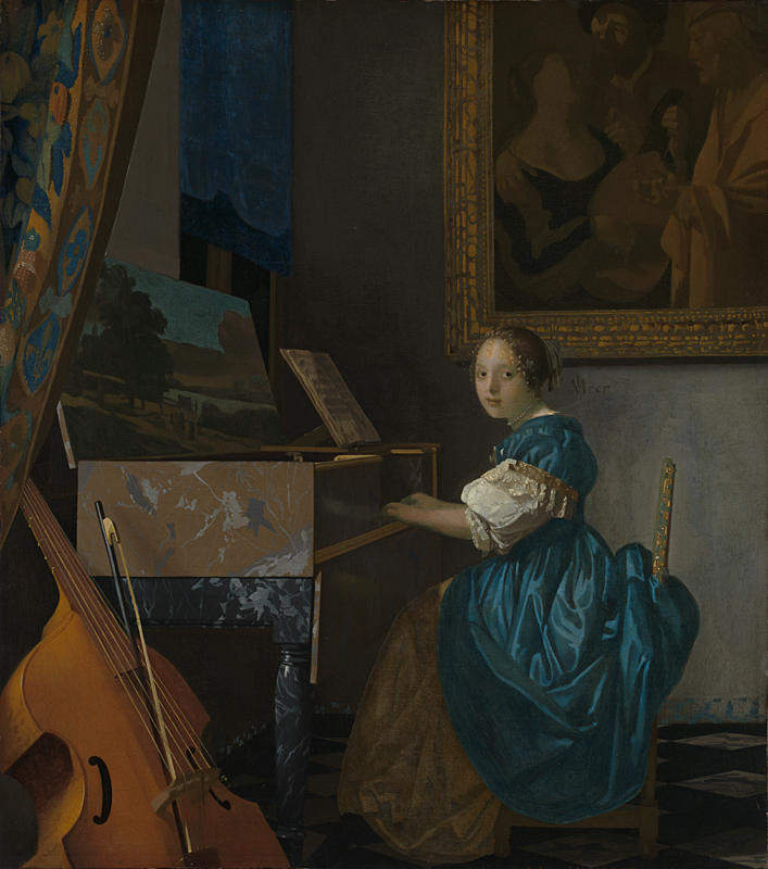 hannes Vermeer A Young Woman seated at a Virginal about 1670-2 Oil on canvas, 51.5 x 45.5 cm at the National Gallery in London