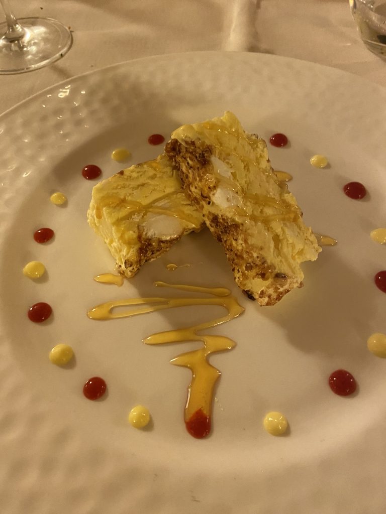 Beautifully plated dessert at La Grotta Restaurant in Montepulciano