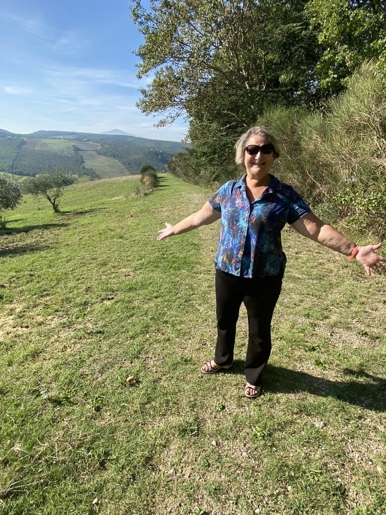 Carol Cram walking in the countryside near Sant'Antonio Country Resort near Montepulciano
