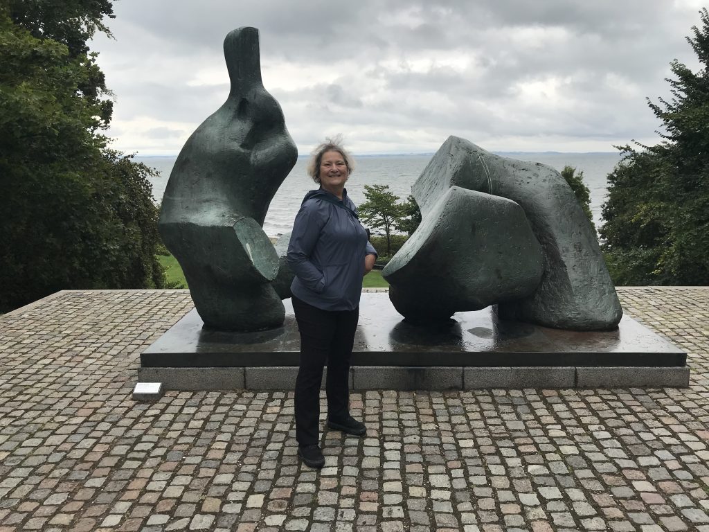 Modern sculpture at the Louisiana Museum of Modern Art with a view toward Sweden
