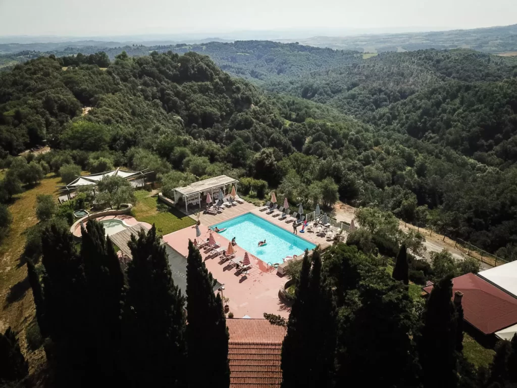 Aerial view of the pool at the Villa Lena in Tuscany