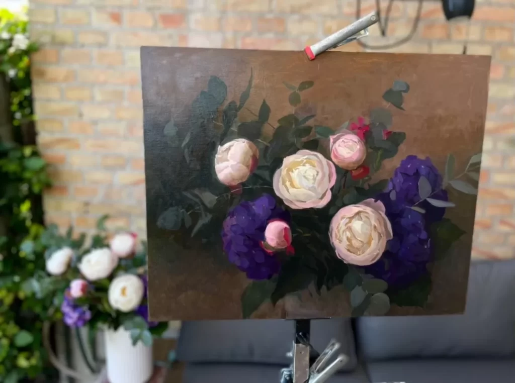 Painting of peonies by Tanvi Pathare who is hosting a workshop at the Villa Lena in Tuscany