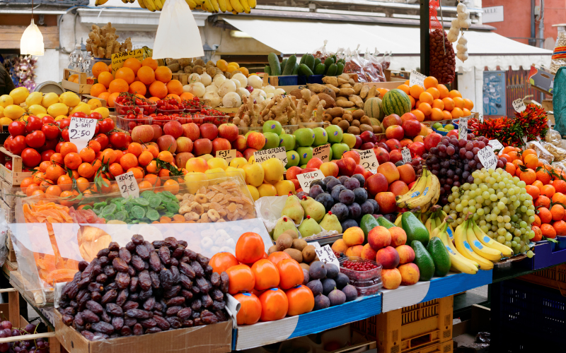 Food market - lots of fruits - a way to eat on a budget in Europe