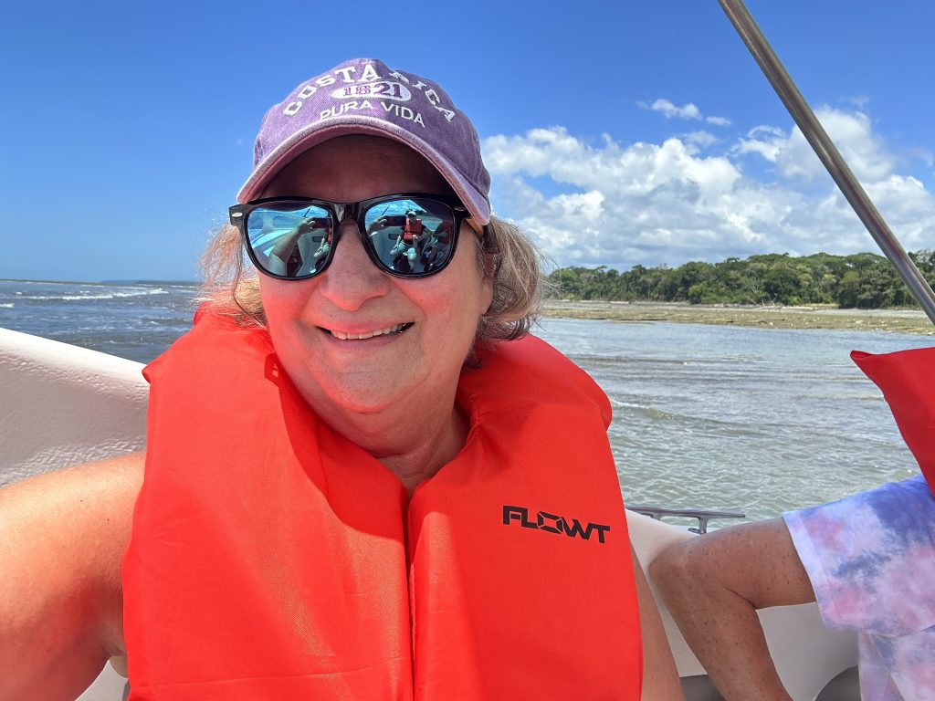 Carol Cram on the boat coming from the Corcovado National Park on the Osa Peninsula in Costa Rica