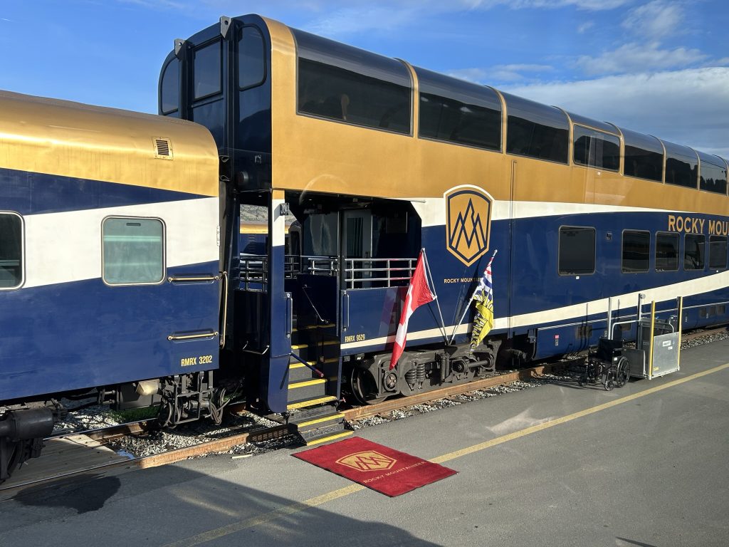 Red carpet outside Goldleaf car on Rocky Mountaineer