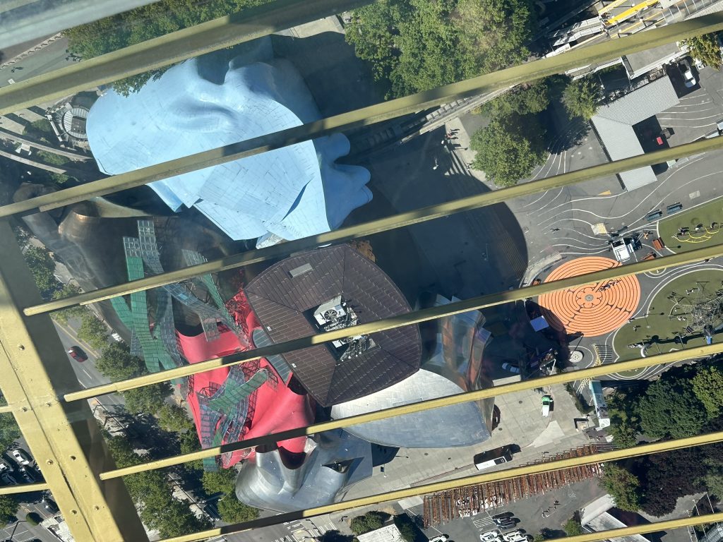 View of the rooftops of MOPOP from the Space Needle in Seattle