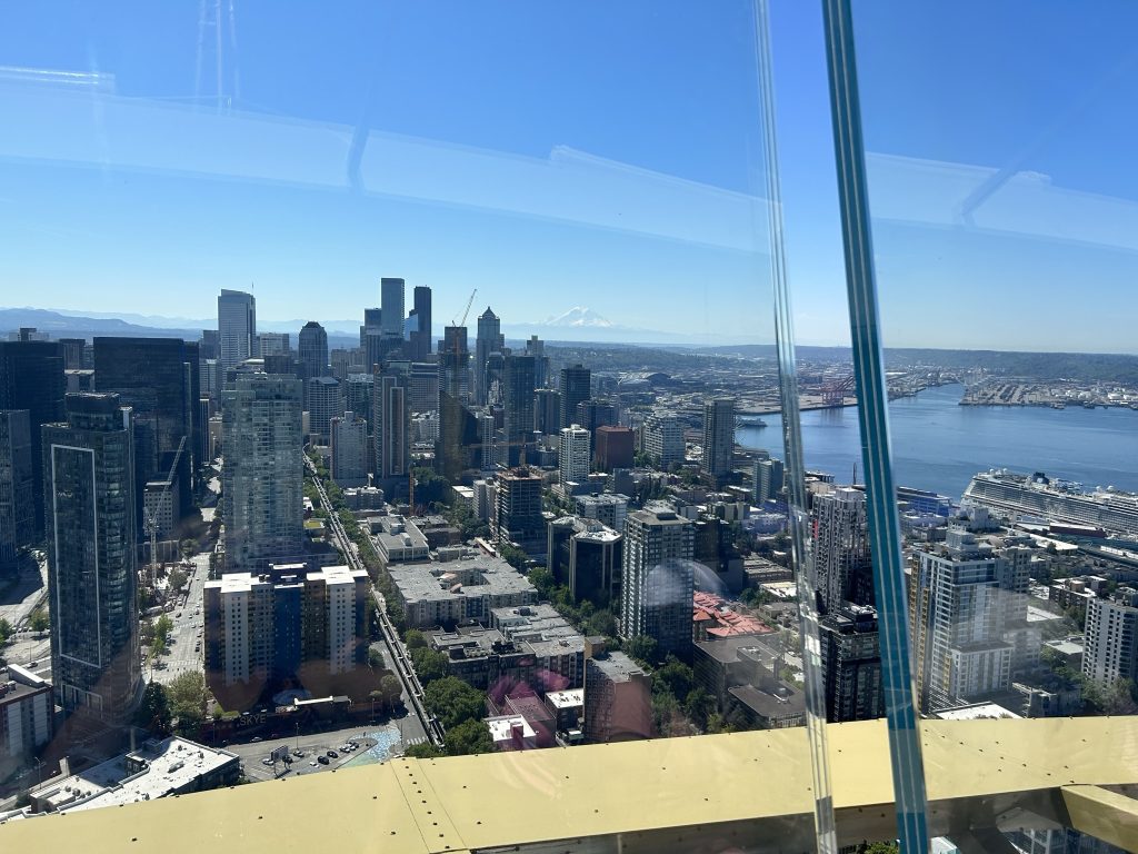 View of Mount Rainier and downtown Seattle from the Space Needle