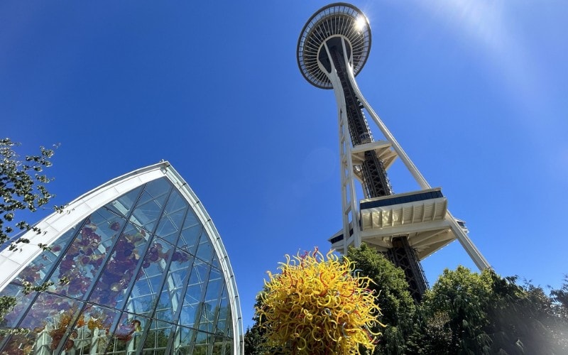 View of the Space Needle at Seattle Center in Seattle, Washington.