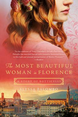 A book cover featuring a woman with long, flowing auburn hair gazing downward, set against a pink and orange background of Florence's skyline with its iconic Duomo.