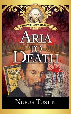 A mystery novel cover with an illustration of a 16th-century musician and historical documents, evoking themes of classical music and suspense.