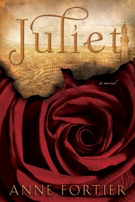 A book cover featuring a dramatic red rose in close-up with a historical Italian cityscape in the background. The title, "Juliet," is elegantly displayed at the top, evoking themes of romance and mystery.