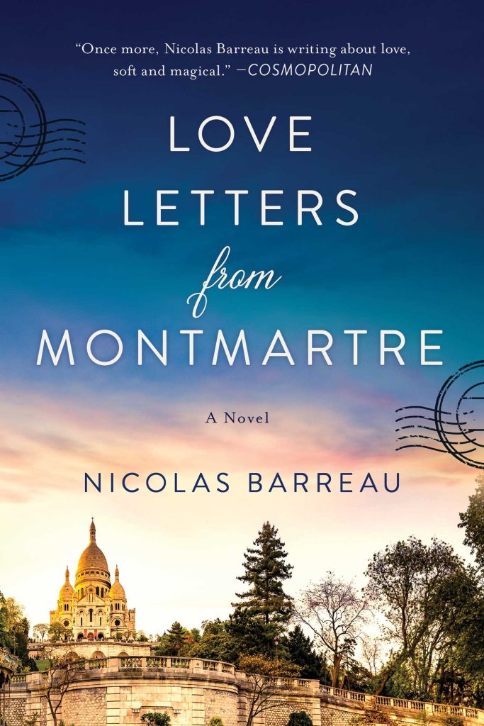 A serene twilight scene with the Montmartre Basilica illuminated in the background, capturing romance and nostalgia in the heart of Paris.