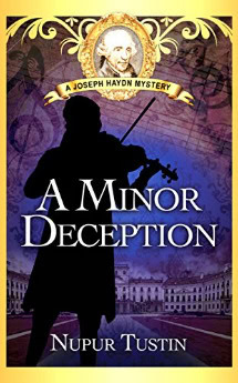 The cover of a mystery novel set in the classical music era, featuring a shadowy violinist silhouette against a vibrant purple and gold backdrop of a courtly setting.