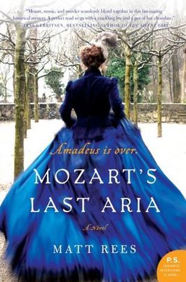 A historical novel cover depicting a woman in a stunning royal blue gown walking through a wintry park, with the tagline “Amadeus is over” hinting at intrigue surrounding Mozart.