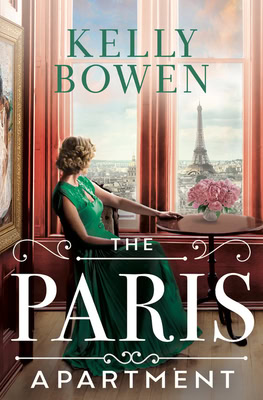 A regal cover showcasing a woman in a flowing green gown gazing out of a luxurious apartment window at the Eiffel Tower, evoking historical intrigue and elegance.