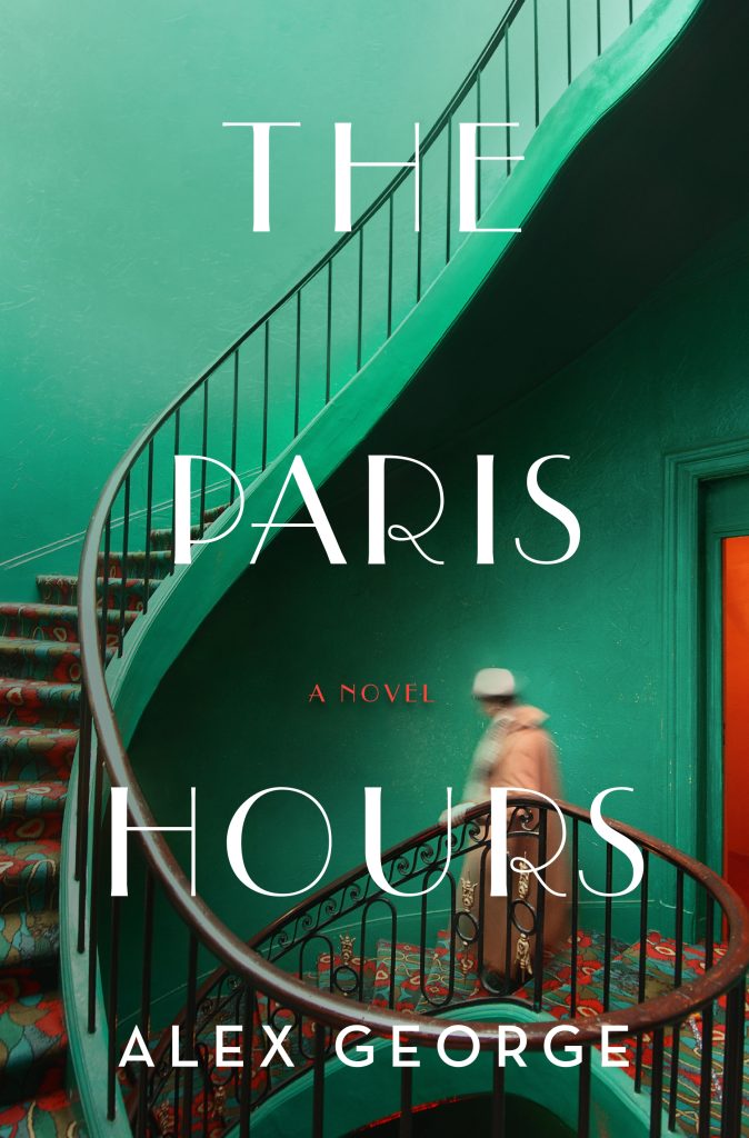 Book cover of The Paris Hours by Alex George. Against a green background, a staircase winds up. A woman dressed in 1920s attire is walking down the staircase.