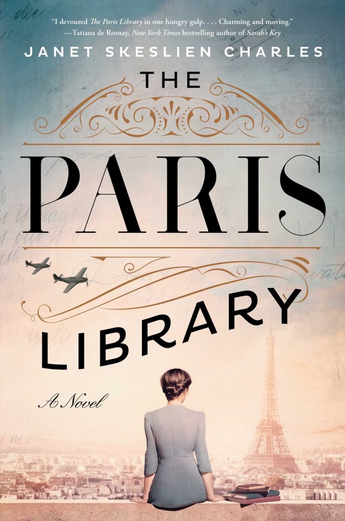 A wistful cover showing a woman seated by a desk with books, gazing at the Eiffel Tower as airplanes soar in the sky, reflecting themes of resilience and history during wartime