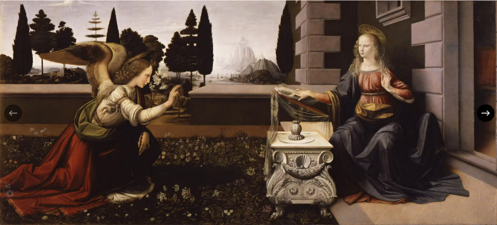 Annunciation by Leonardo da Vinci in the Uffizi Gallery in Florence.