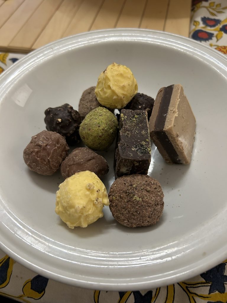 A plateful of chocolate truffles purchased at the chocolate fair in Padua, Italy