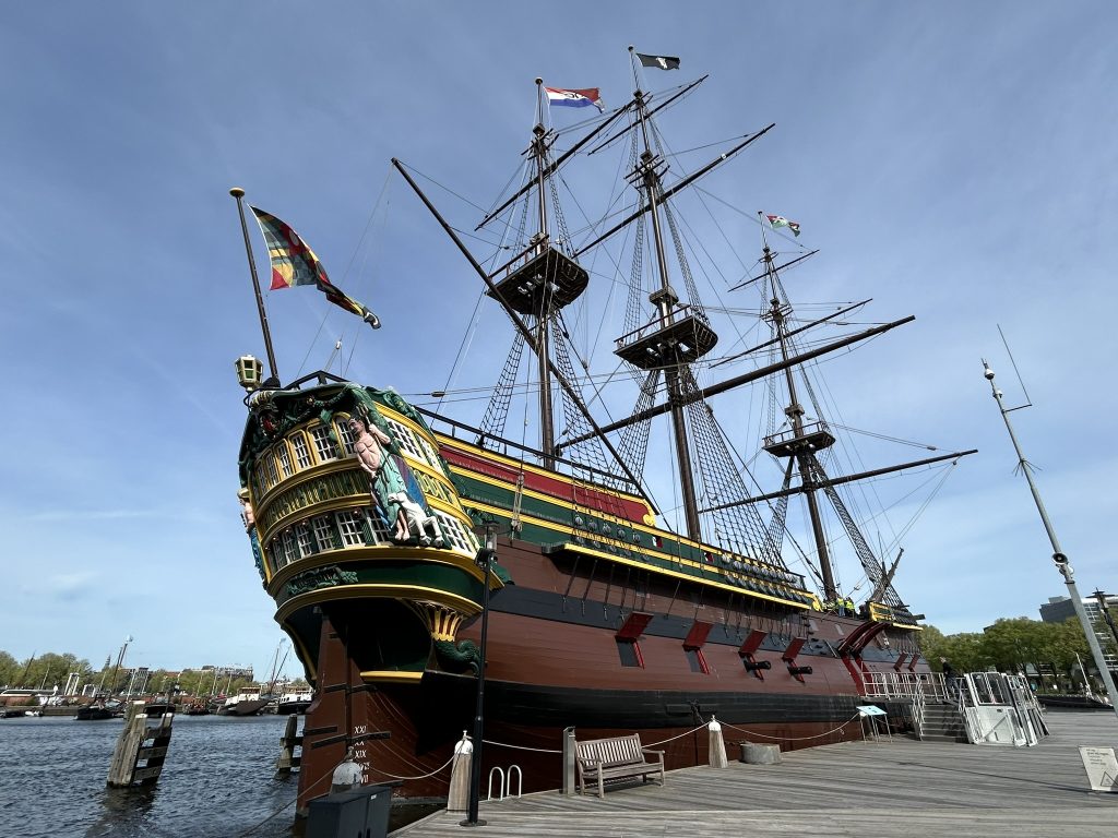 Old style three masted ship moored at the Maritime Museum in Amsterdam