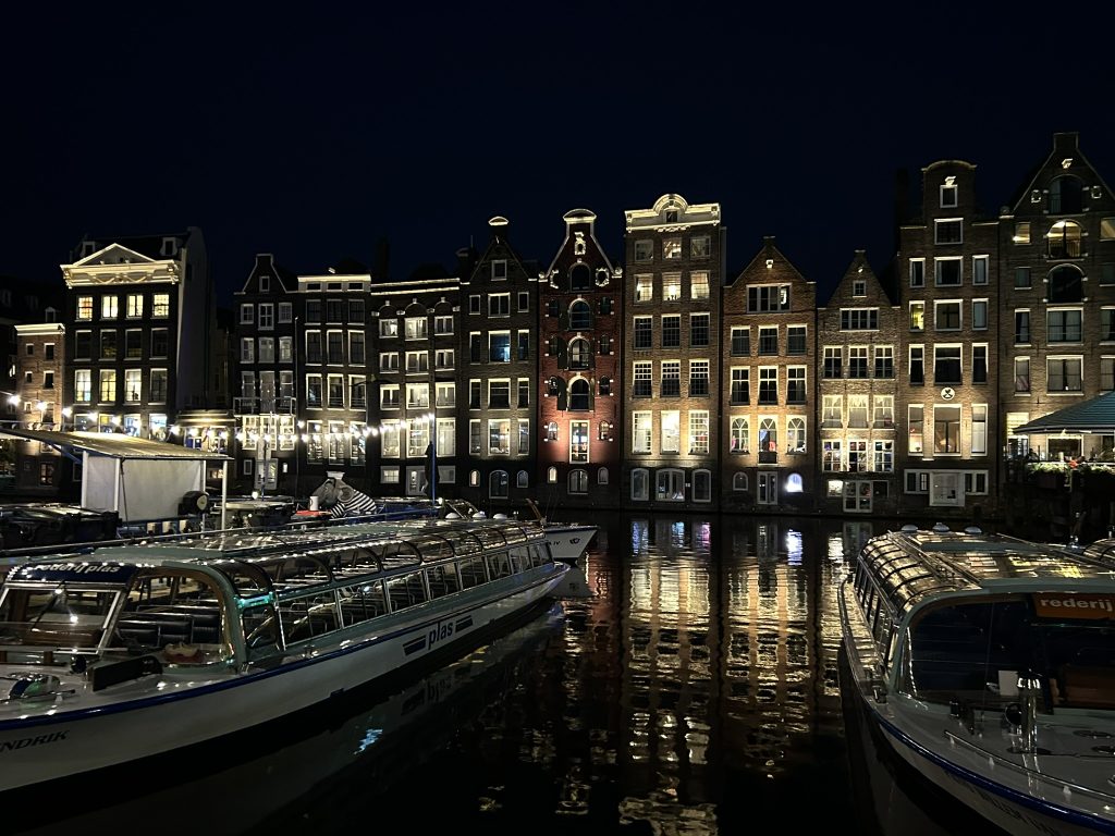 View of Amsterdam's iconic houses at night