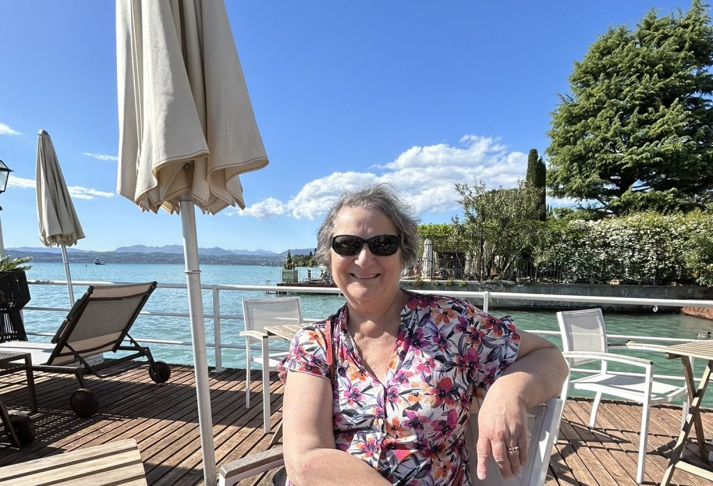 Carol Cram on the deck at the Villa Flaminia in Sirmione on Lake Garda