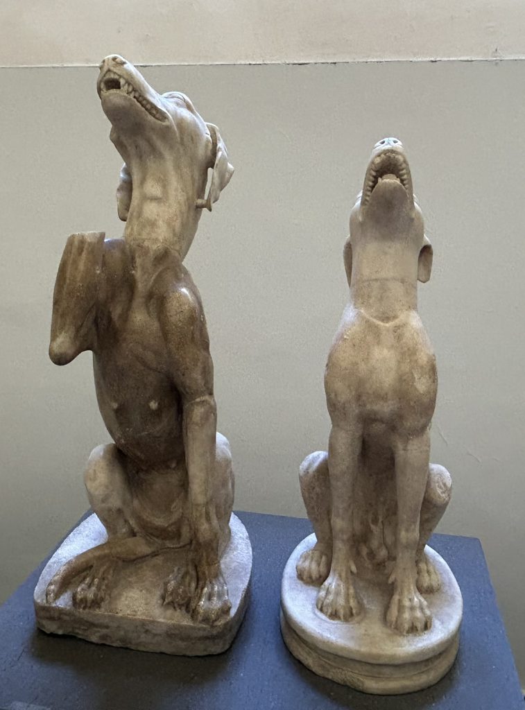 Two dog statues from Roman times at the National Archaeological Museum in Naples, Italy