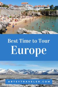 Split image featuring a crowded sunny beach and a snowy mountain landscape, with a "Best Time to Tour Europe" banner from ArtsyTraveler.com.