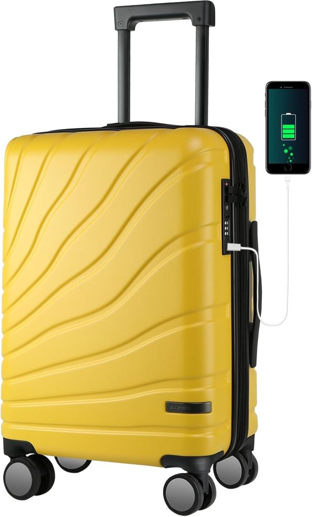 Yellow hard-sided suitcase with wheels and sized for carry on.