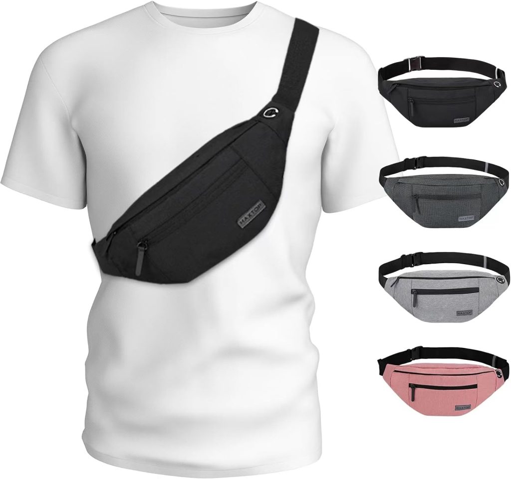 A white t-shirt with a black cross-body bag over one shoulder and across the chest. To the right are four cross-body bags in four colors: black, dark grey, light grey, and pink.