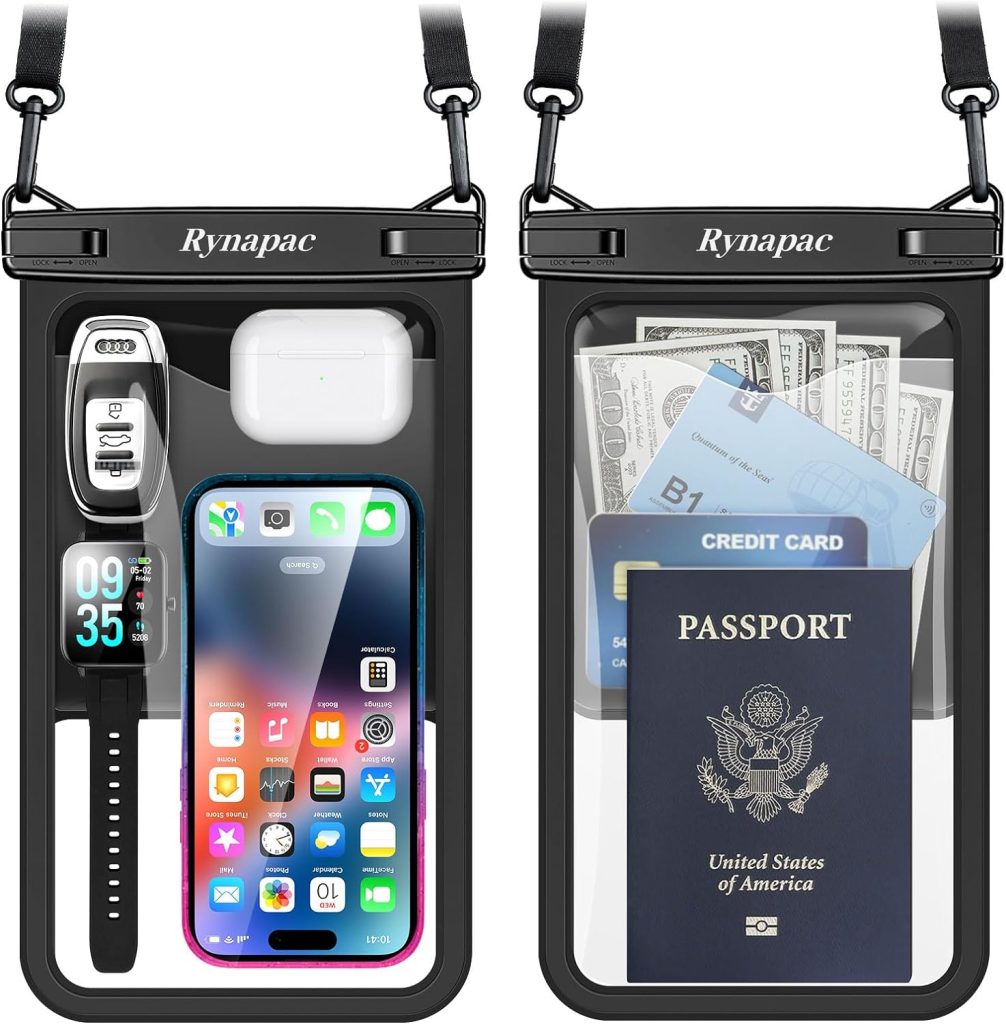two waterproof pouches. The pouch on the left contains a watch and a SmartPhone. The pouch on the right contains a passport, cash, and credit cards.