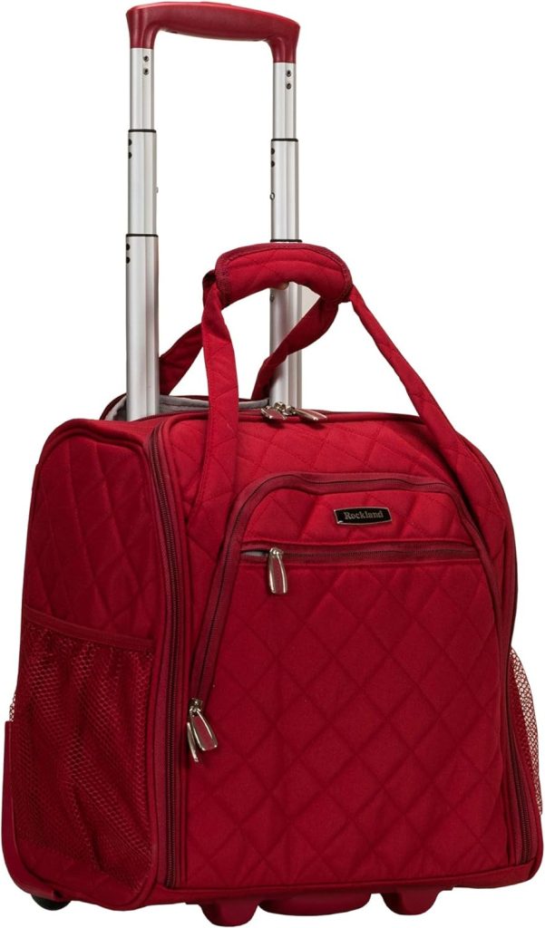 Soft-sided red suitcase with wheels and sized for carry on.
