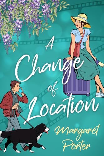 The cover of A Change of Location by Margaret Porter, illustrated in a whimsical style with a couple traveling, accompanied by a dog, under a canopy of purple wisteria.