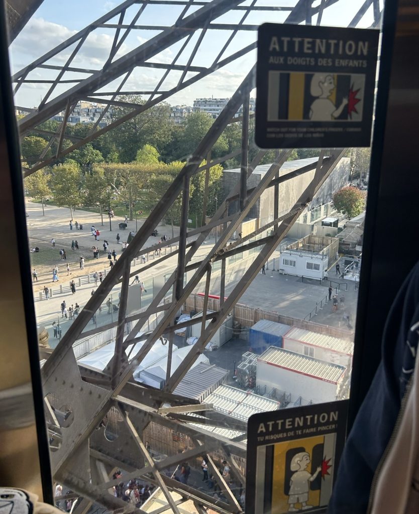 A photo taken from inside the Eiffel Tower's elevator, showing the iron lattice framework and the greenery of the Champ de Mars below.