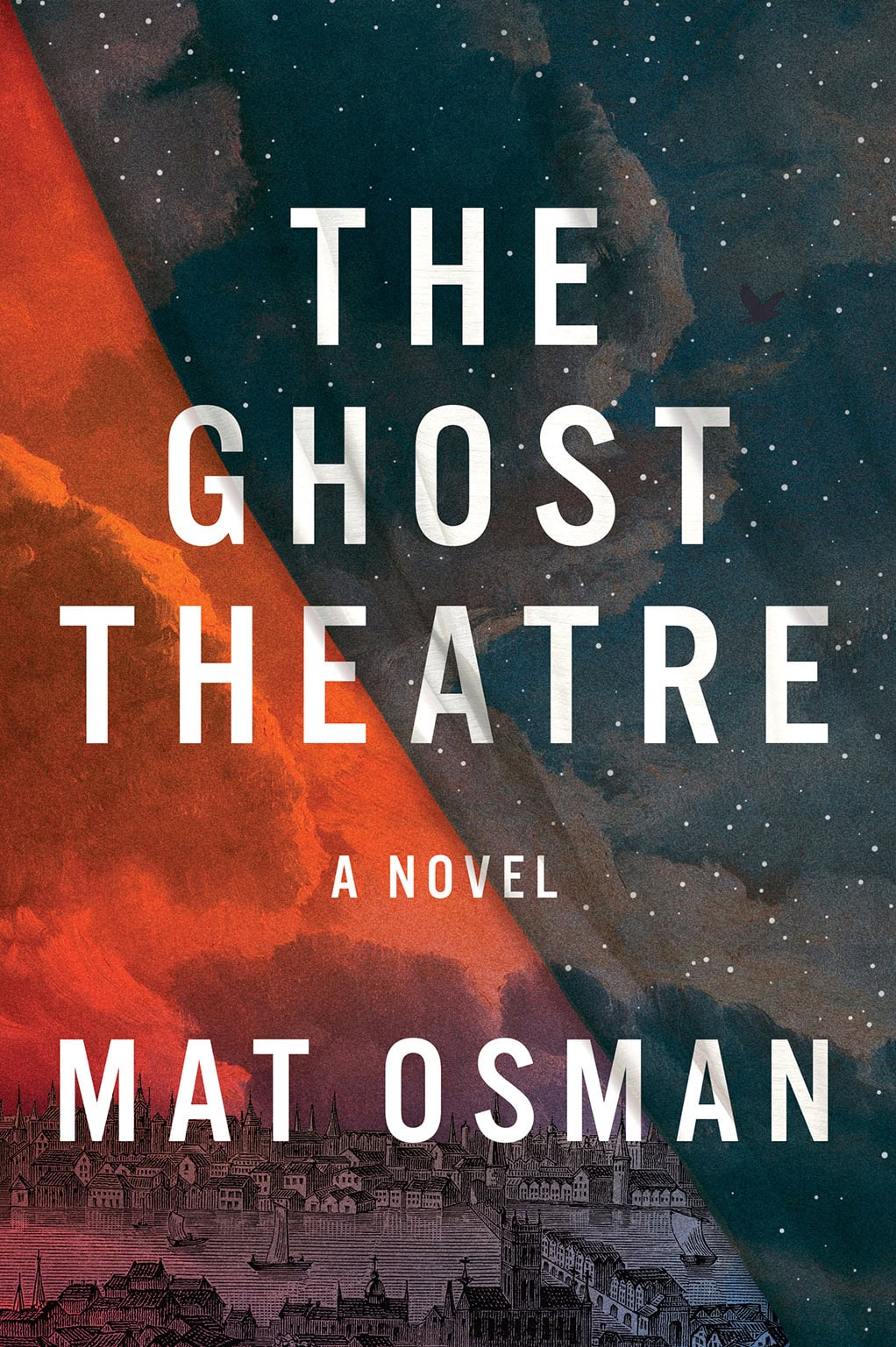 The cover of The Ghost Theatre by Mat Osman, featuring a split background of fiery red clouds and a starry night sky, with a cityscape drawn in fine detail at the bottom.