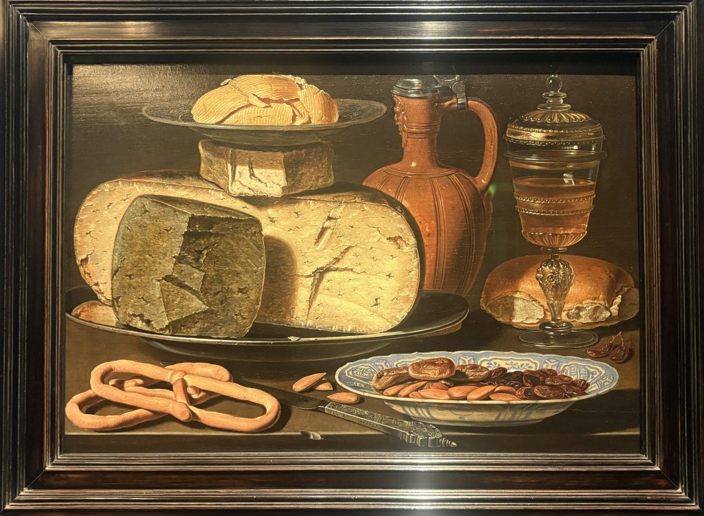 Still Life with Cheeses, Almonds and Pretzels by Clara Peeters exhibted in the Mauritshuis in the Hague