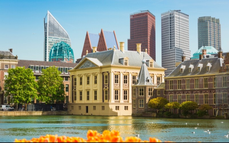 Mauritshuis in the Hague with skyscrapers behind it