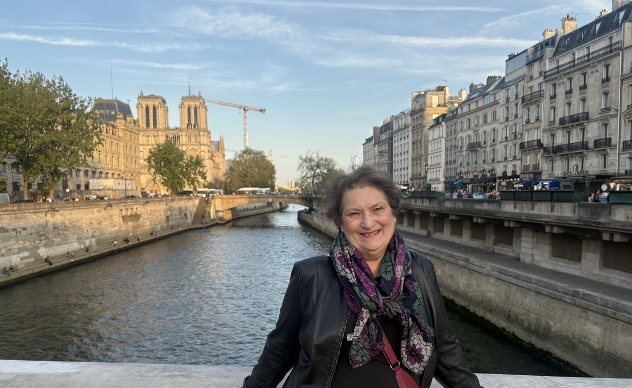 Caorl Cram in front of the Seine with the Notre Dame in the evening light in the distance